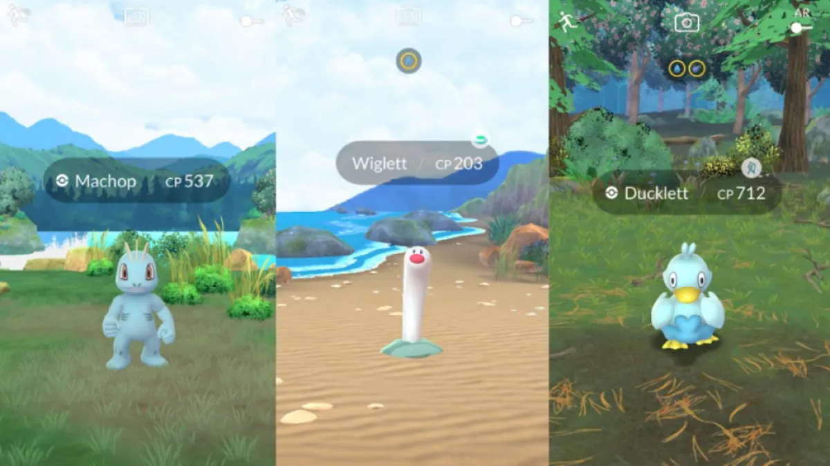 Image of three screenshots from Pokemon GO, showing different biomes in the game