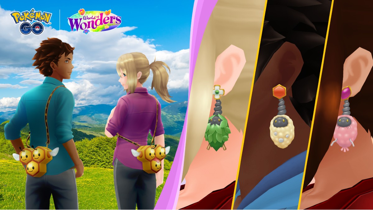 Imagen de avatares de Pokémon GO con accesorios temáticos de tipo insecto, incluidos bolsos Combee y aretes Burmy.