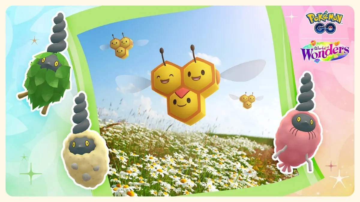 Promotional image for the Bug Out event in Pokemon GO, featuring Burmy and Combee
