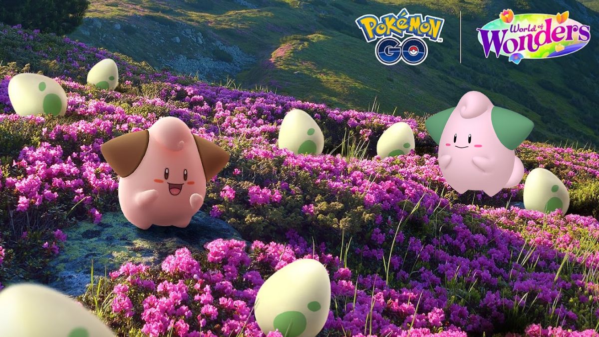 Image of a field of flowers full of Pokemon eggs, with a Cleffa and Shiny Cleffa standing amongst them