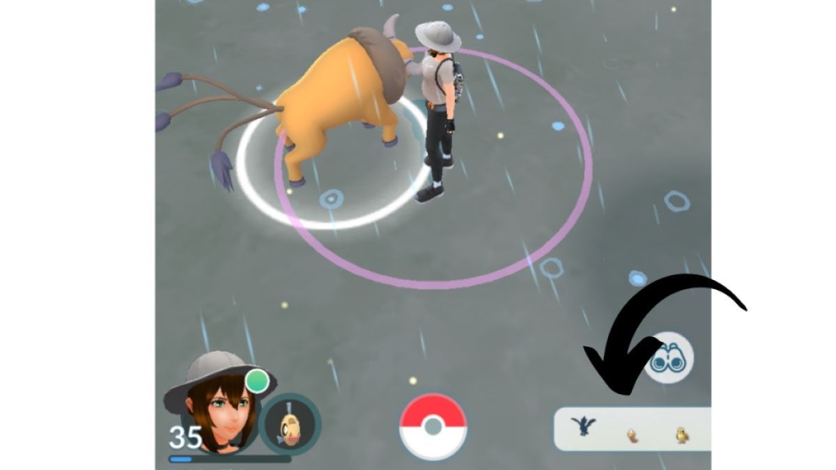 Screenshot from Pokemon GO, with an arrow pointing to the Nearby Radar