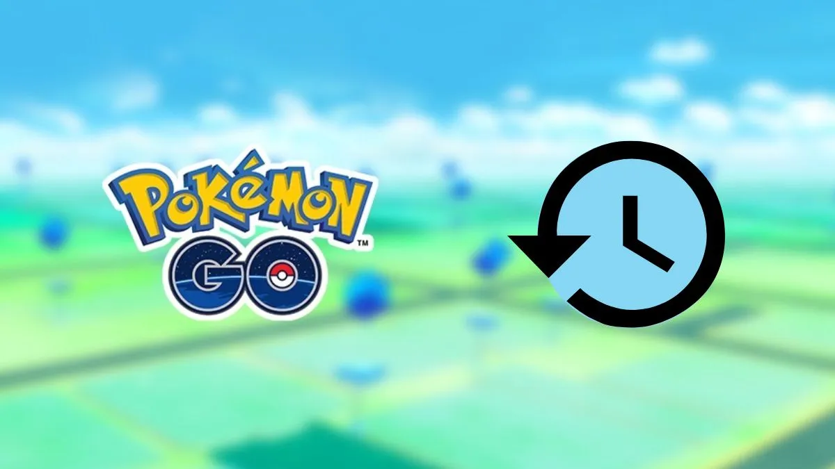 Image of the Pokemon GO map and logo, with an image of turning back the clock