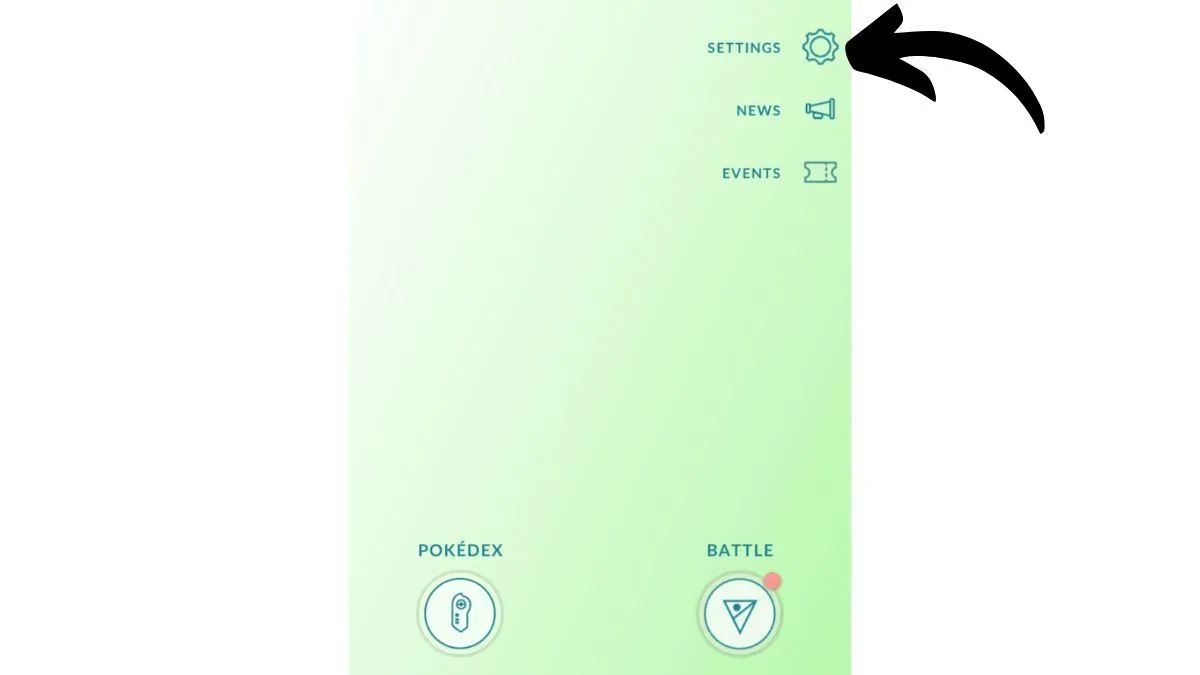 Screenshot of the Pokemon GO main menu with an arrow pointing to the settings button