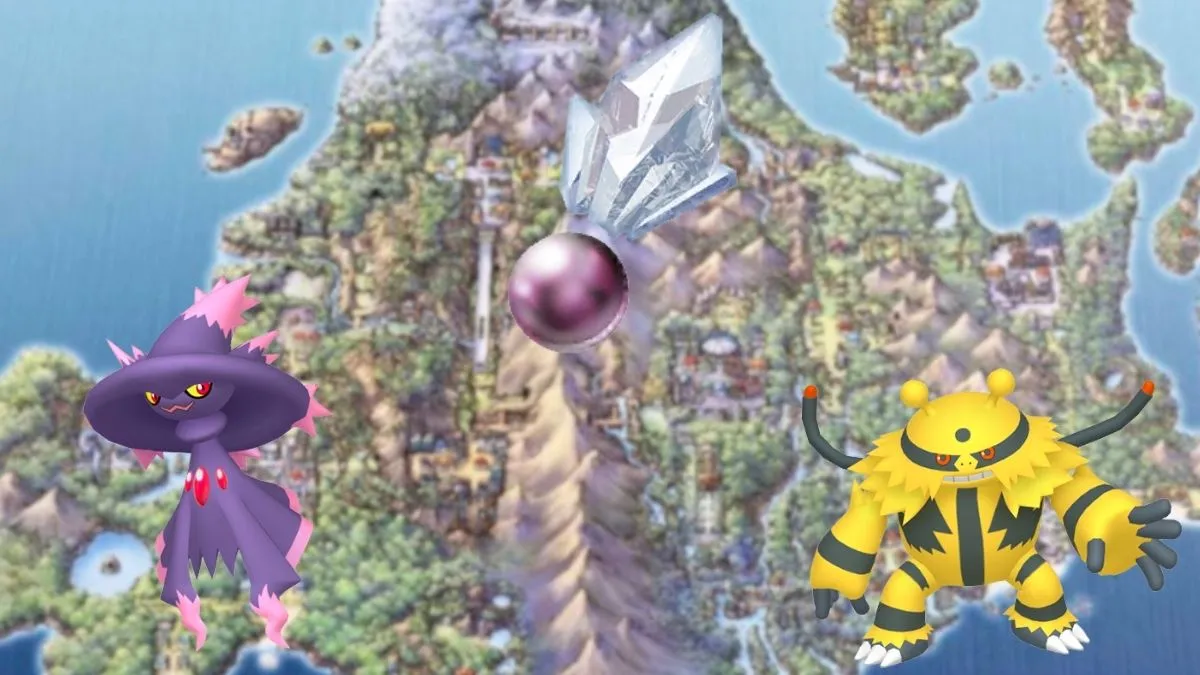 Screenshot of the Sinnoh region map, with Mismagius and Electivire in front of it with a Sinnoh Stone between them