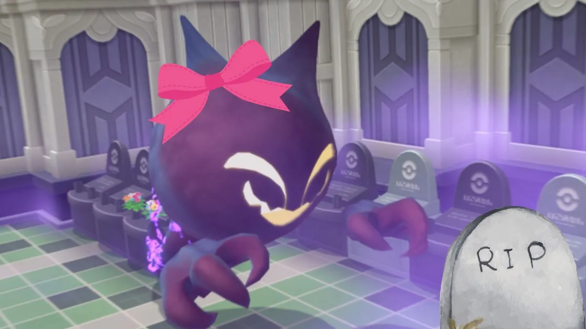 A screenshot of Pokemon Let's Go Eevee, featuring the ghost in Lavender town with a box on its head