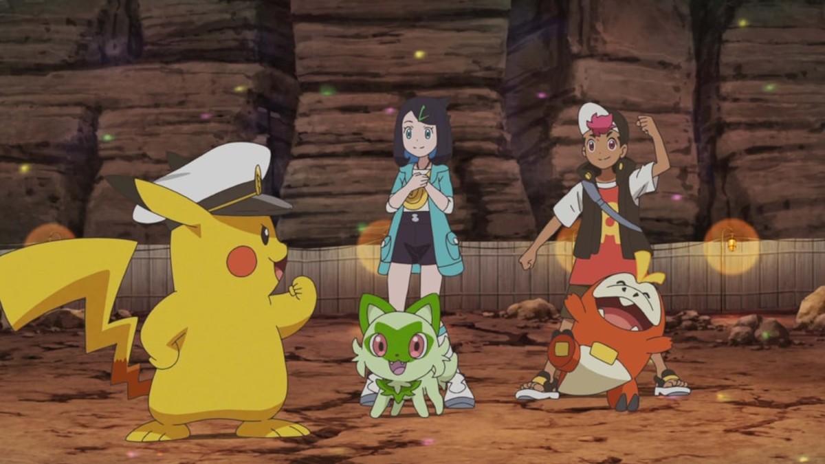Captura de pantalla de la serie Pokémon Horizons, que muestra al Capitán Pikachu junto con Sprigatito, Liko, Roy y Fuecoco.