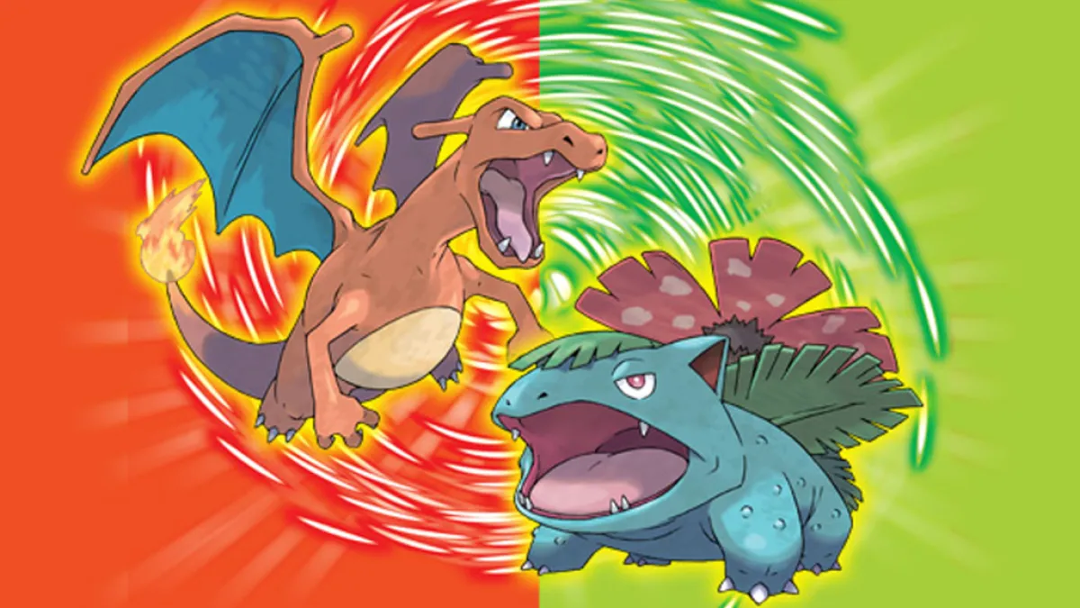 Charizard and Venusaur in Pokemon Fire Red and Leaf Green. This image is part of an article about how to play Pokémon on the Delta emulator on iPhone.