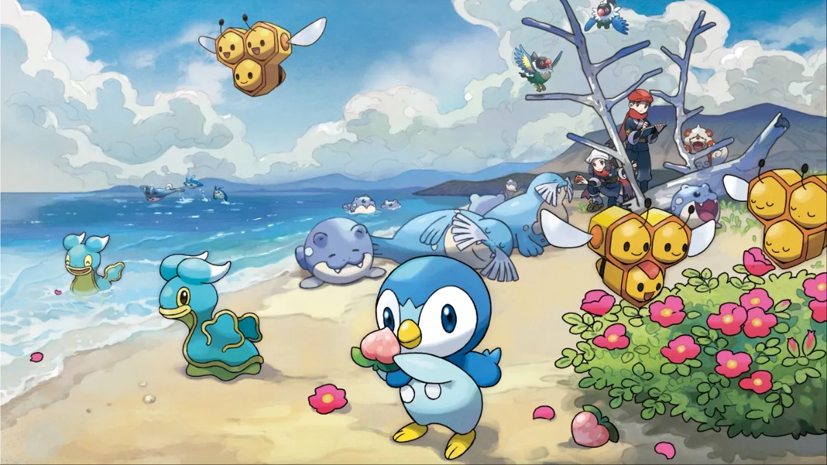 Pokemon Legends Arceus Promo Artwork of Piplup holding a berry on a beach