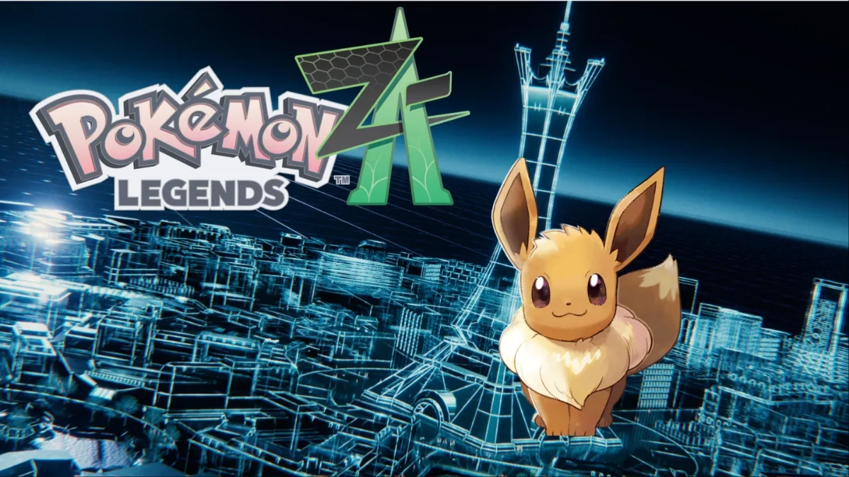 Eevee and the Pokemon Legends Z-A logo against a backdrop of Lumiose City