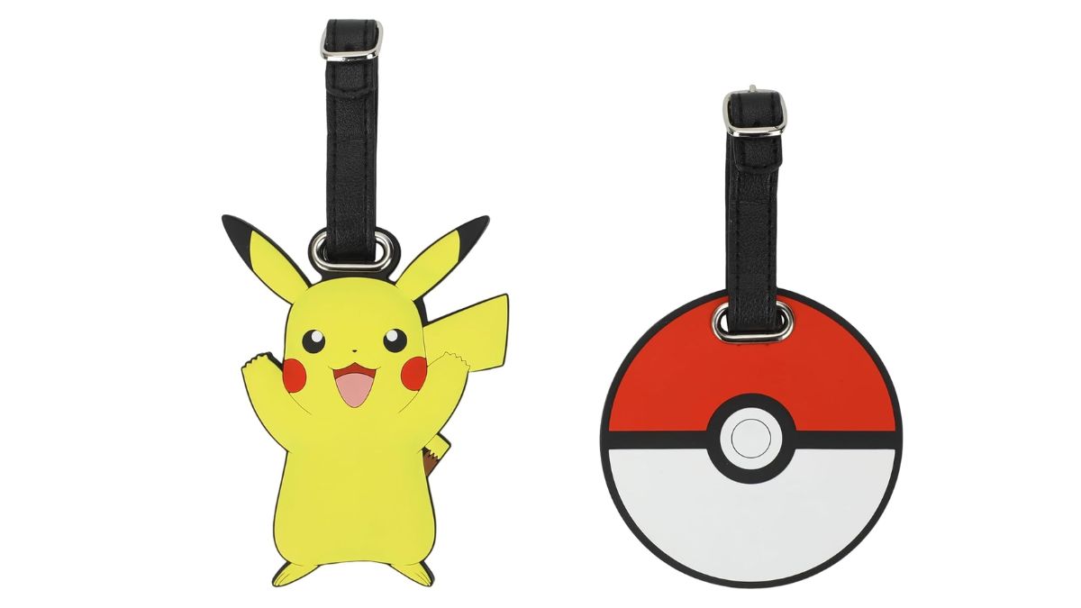 Two luggage tags, one shaped like Pikachu and a second next to it shaped like a PokeBall