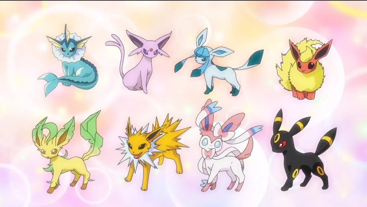 Todas las evoluciones de Eevees alineadas contra un fondo rosa burbujeante en Pokémon Master Journeys
