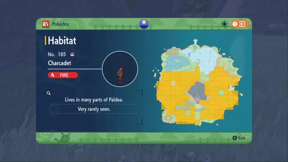 Pokemon Scarlet and Violet screenshot of Charcadet's habitat location in the Pokedex