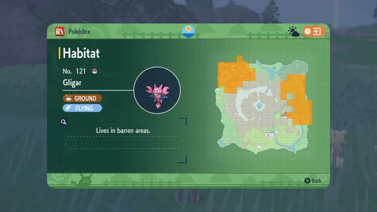 Captura de pantalla de Pokémon Scarlet y Violet de la ubicación del hábitat de Gligar en Kitakami Pokedex