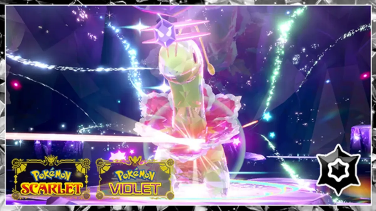Pokemon Scarlet and Violet screenshot of Meganium with the Psychic Tera type in a 7-Star Tera Raid