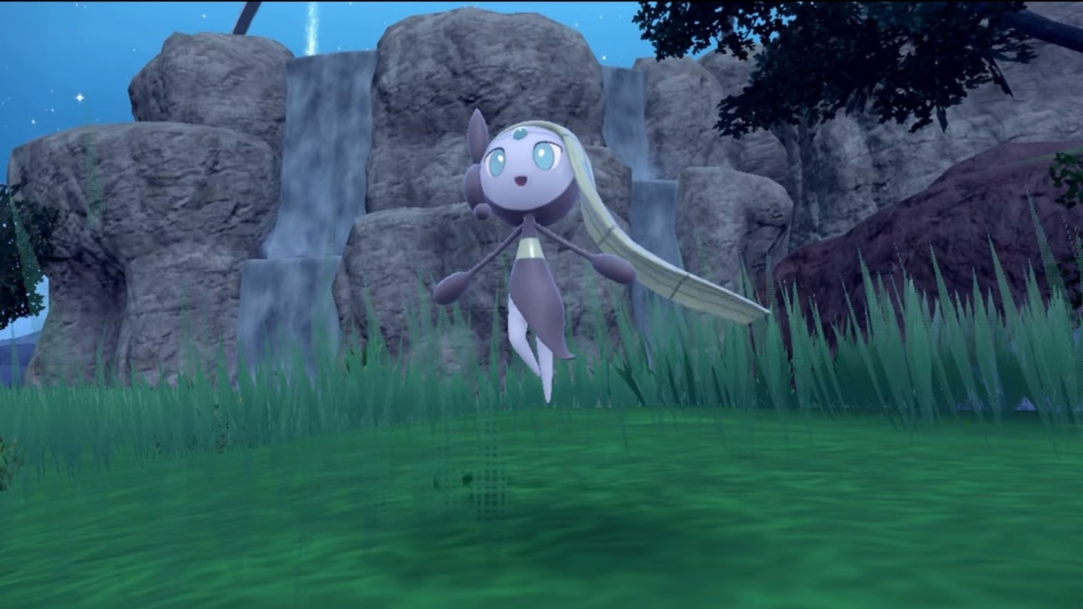 Pokemon Scarlet and Violet screenshot of Meloetta initiating battle in the Blueberry Academy's Coastal Biome