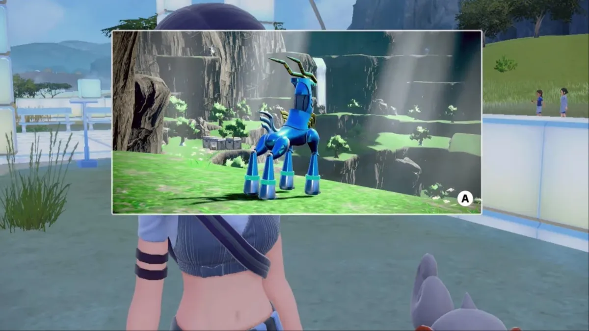 Pokemon Scarlet and Violet screenshot of Perrin's photo of Iron Crown overlooking a cliff in Area Zero
