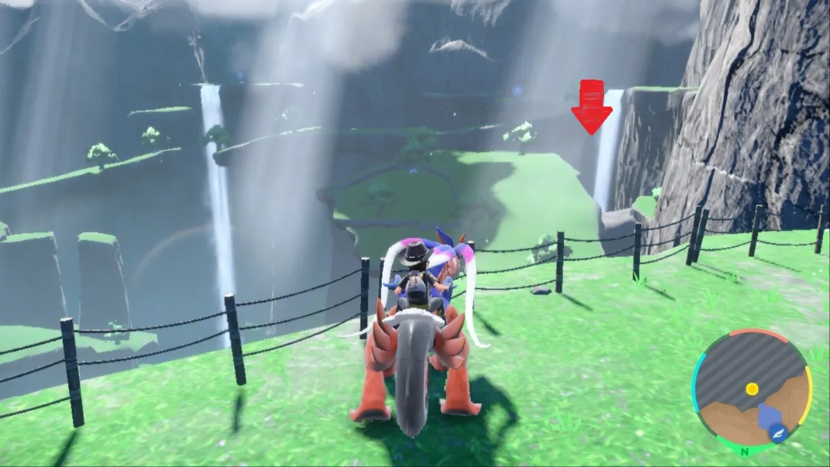 Pokemon Scarlet and Violet screenshot of a red marker pointing to the waterfall where Raging Bolt is located in Area Zero