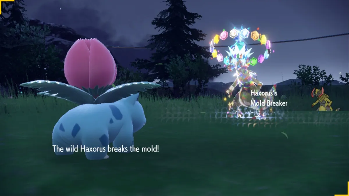 Pokemon Scarlet and Violet screenshot of an Ivysaur battling a Stellar type Haxorus