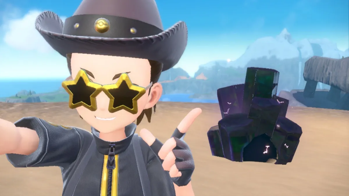 Pokemon Scarlet and Violet screenshot of a player character pointing to a black crystal 7-star tera raid den