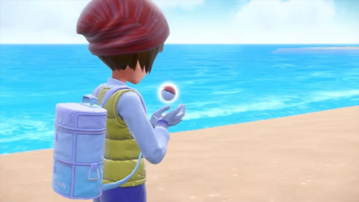 Pokemon Scarlet and Violet screenshot of a trainer holding a Poke Ball flying away to be traded.