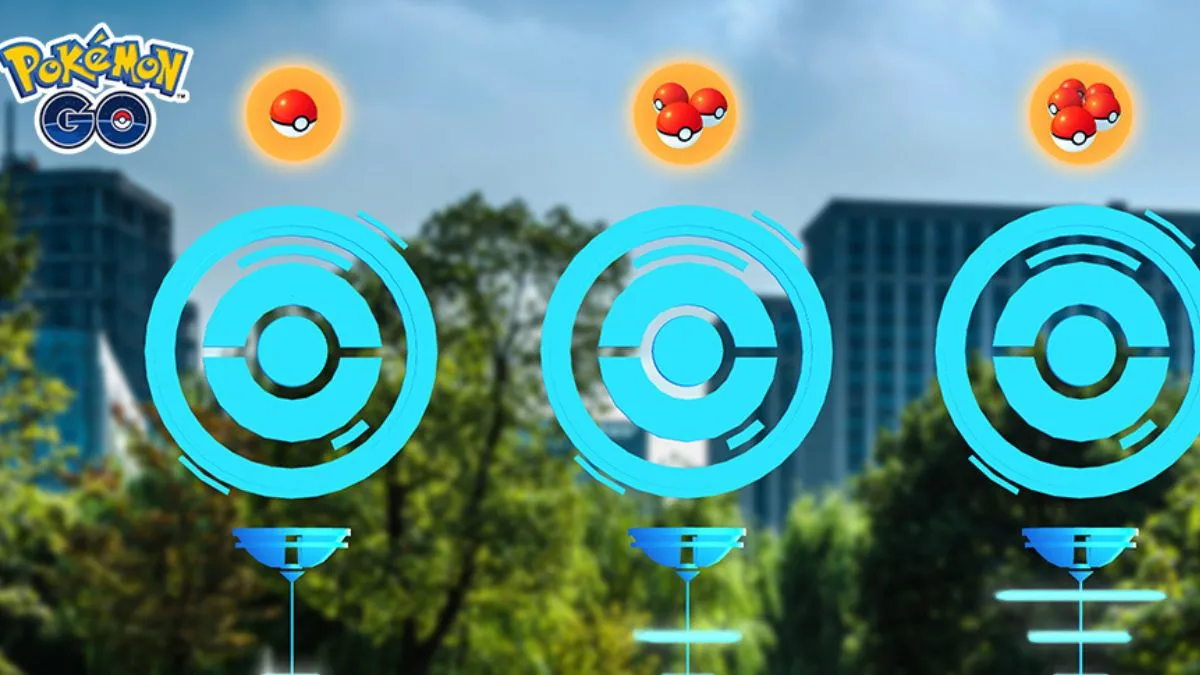 Image of three PokeStops in Pokemon GO with PokeBalls hovering above them