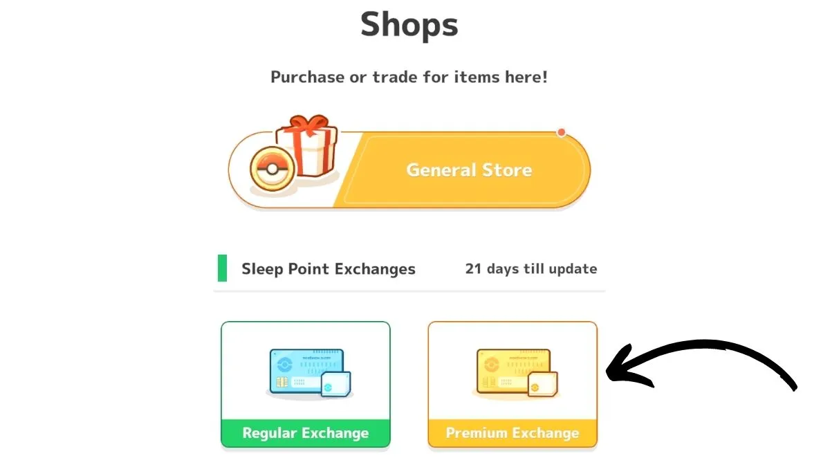 Captura de pantalla de Pokémon Sleep, con una flecha apuntando al menú Premium Exchange