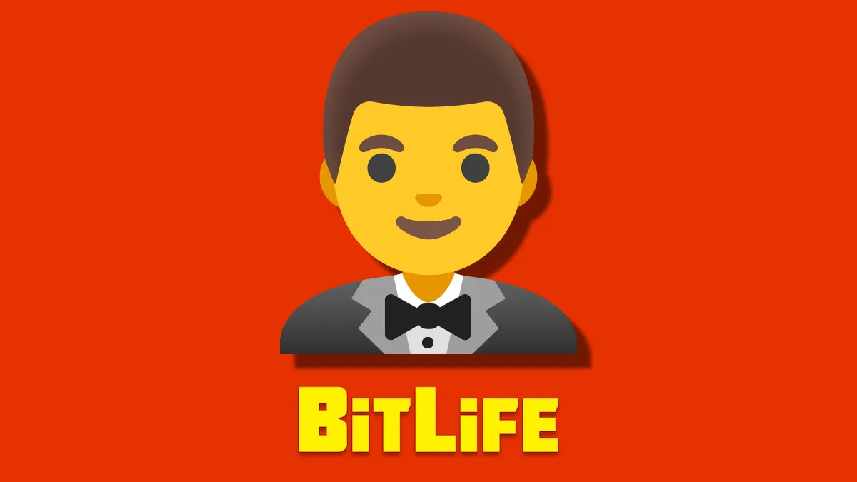 An emoji of a man wearing a Tuxedo on an Orange Background with the BitLife logo below him.