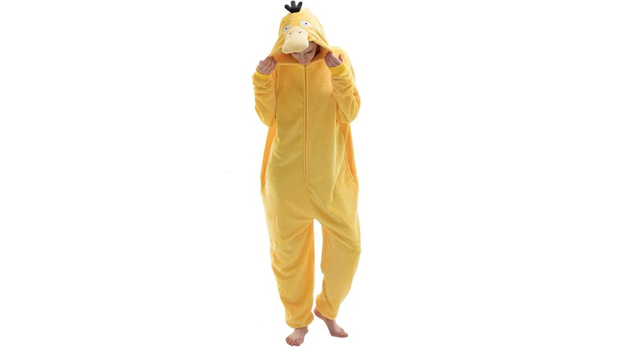 Photo of a person wearing a Psyduck onesie with the hood up