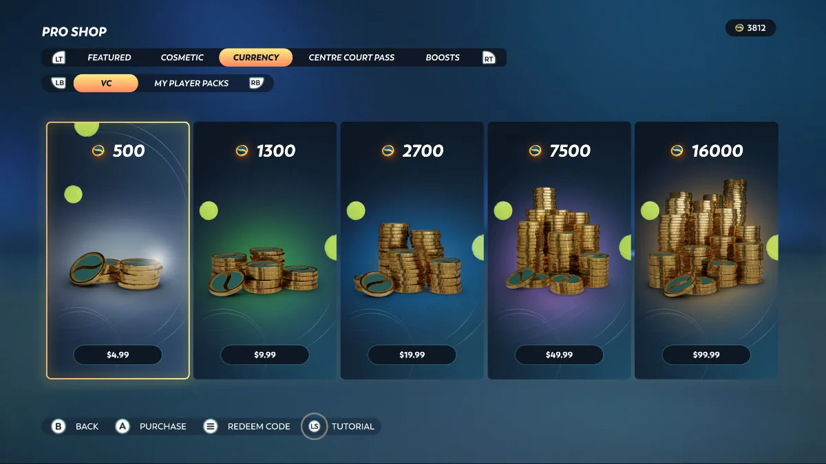 All available VC purchase options in Top Spin 2K25