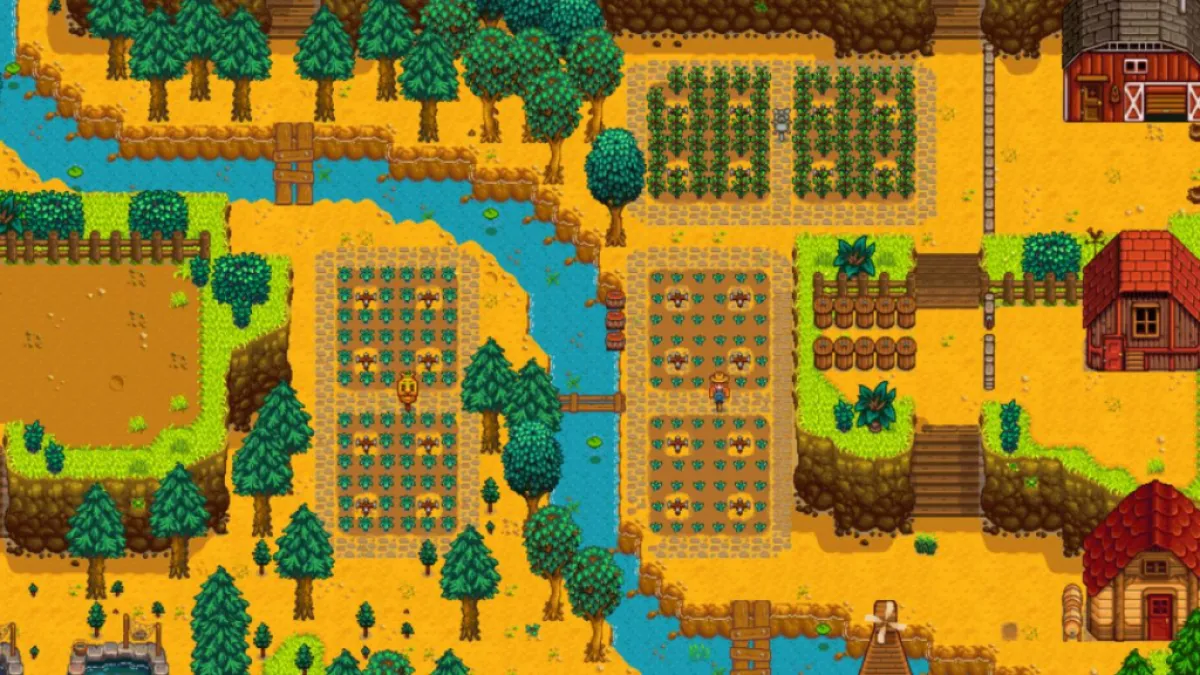 Screenshot of the Hilltop farm in Stardew Valley with sprinkler layout for quality sprinkler