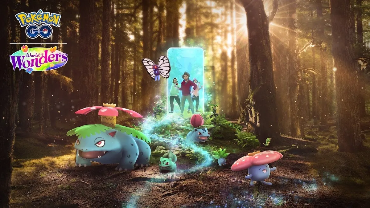 Image of several grass-type Pokemon in the woods, coming out of a giant phone screen
