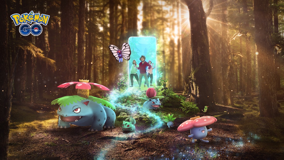 Imagen de una escena de madera con varios Pokémon tipo hierba emergiendo de la pantalla de un teléfono gigante.