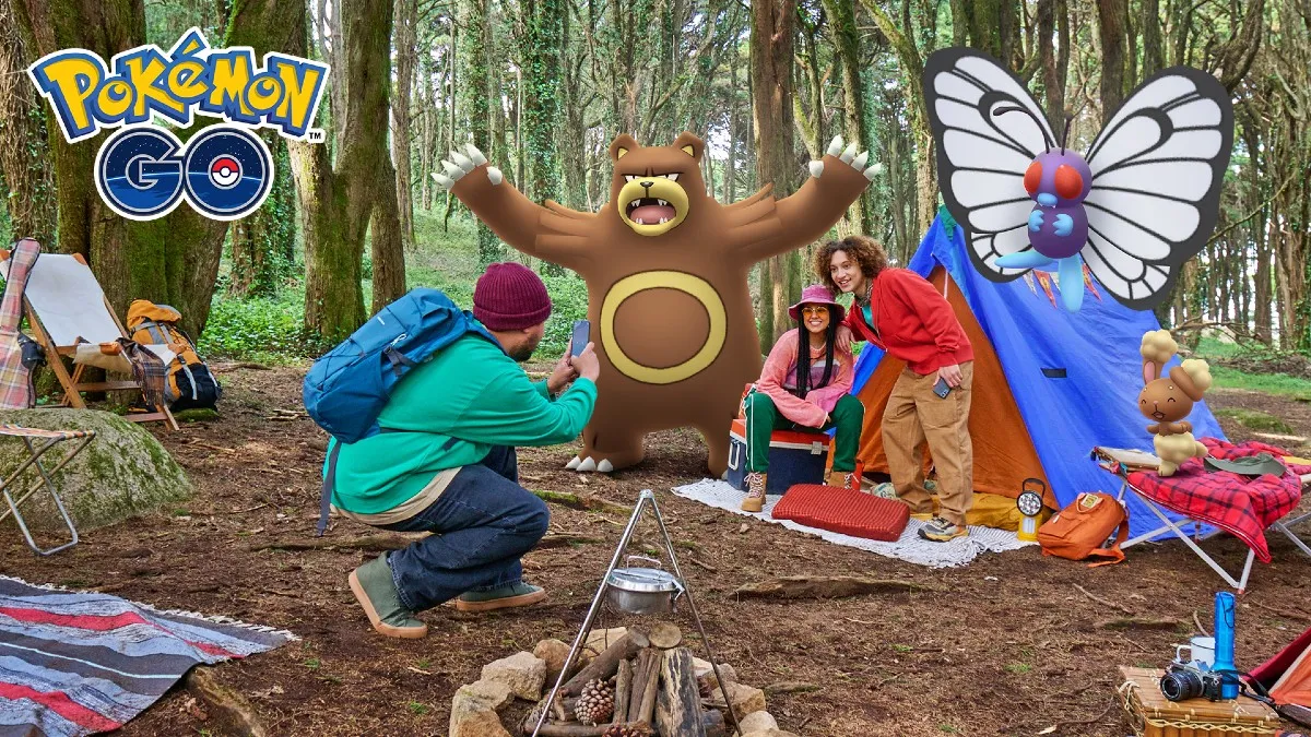 Image of campers in the woods, taking a photo of Pokemon