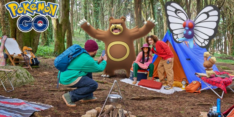 Image of campers in the woods, taking a photo of Pokemon