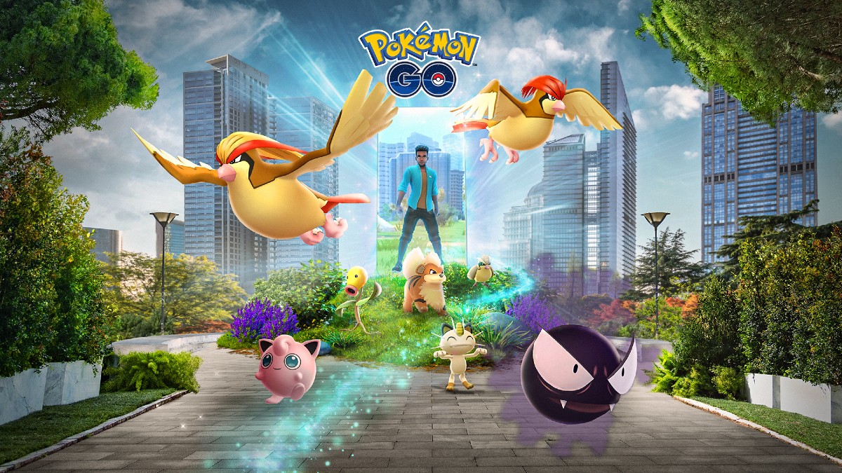 Image of several Pokemon flying around the city, with a giant phone screen featuring a Pokemon GO avatar in the middle