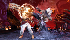 Akuma kicks Ryu in the face in Street Fighter 6
