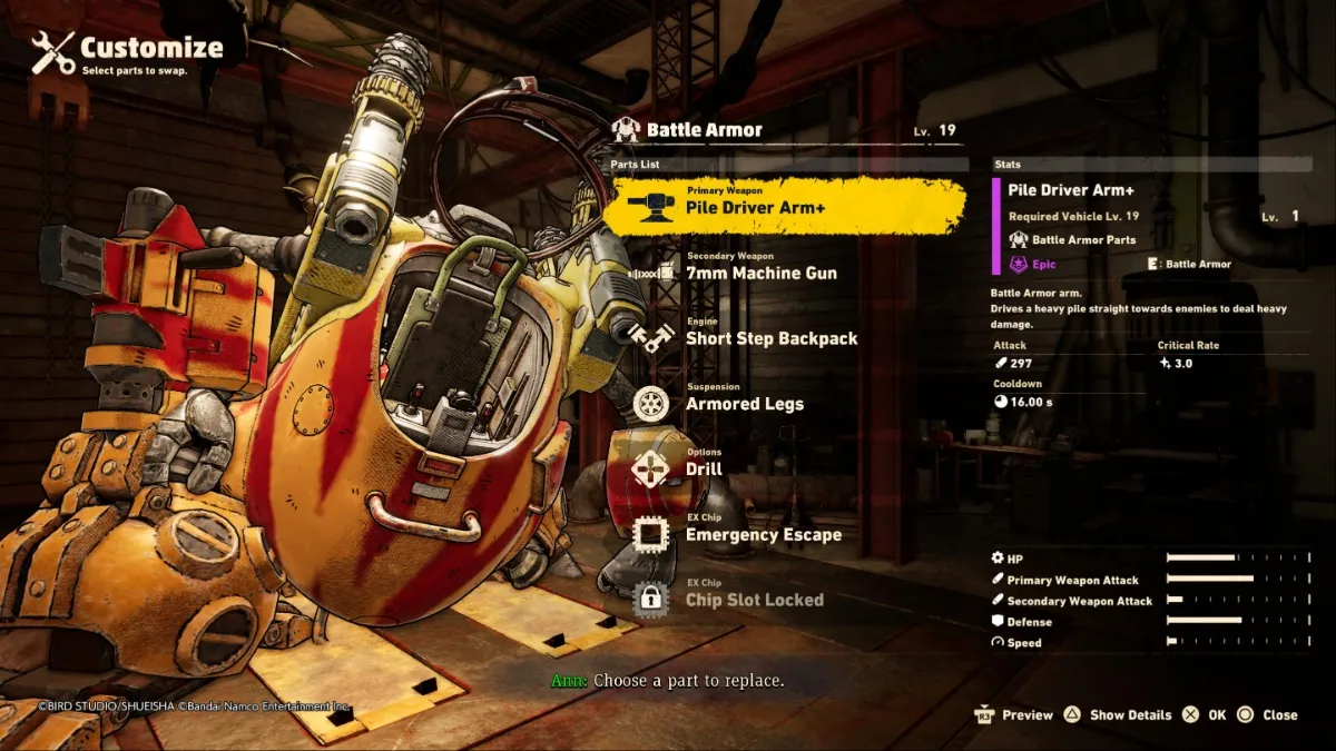 Sand Land screenshot of Battle Armor in the customization menu