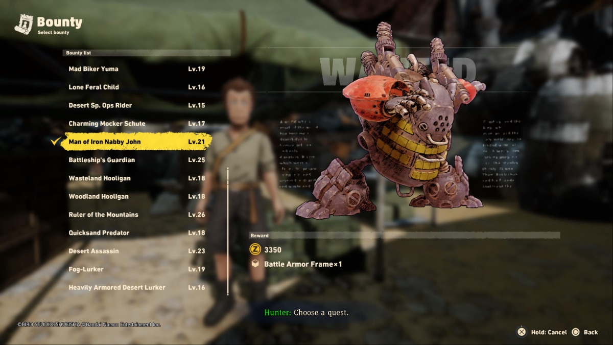 Sand Land screenshot of Man of the Iron Nabby John in the bounty menu