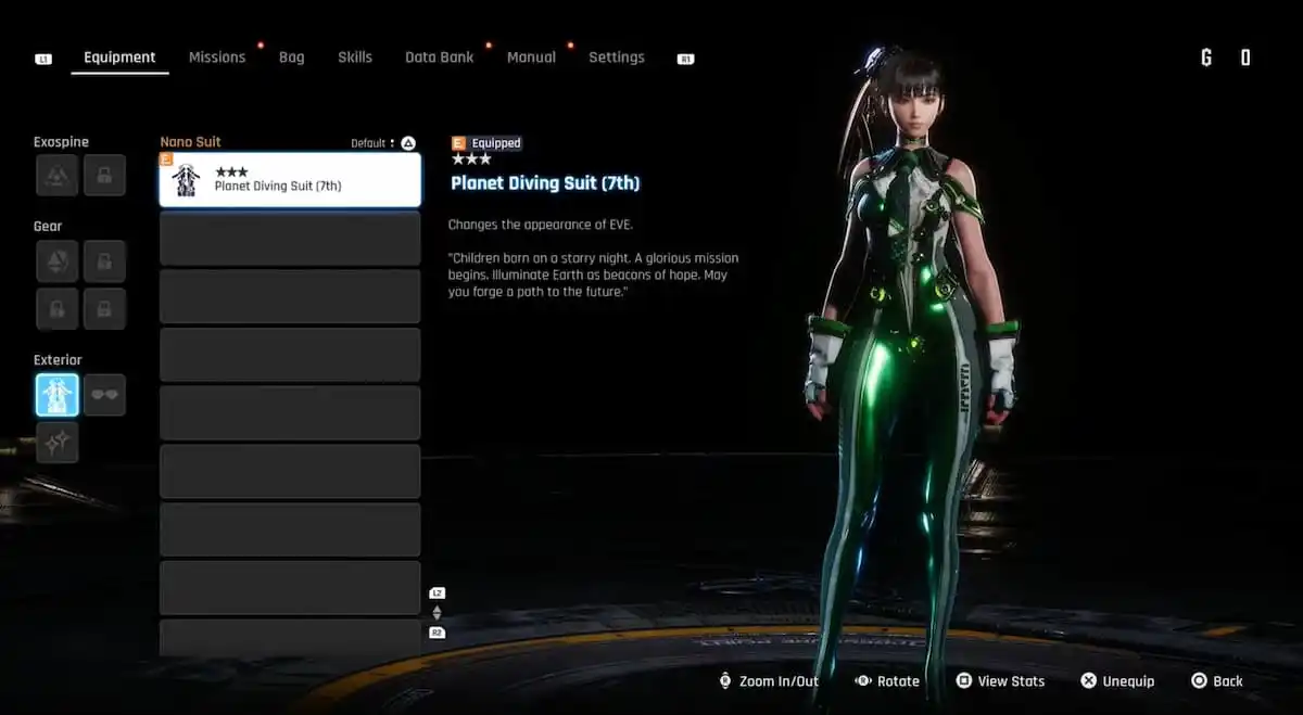 a screenshot of the nano suit options for eve in stellar blade