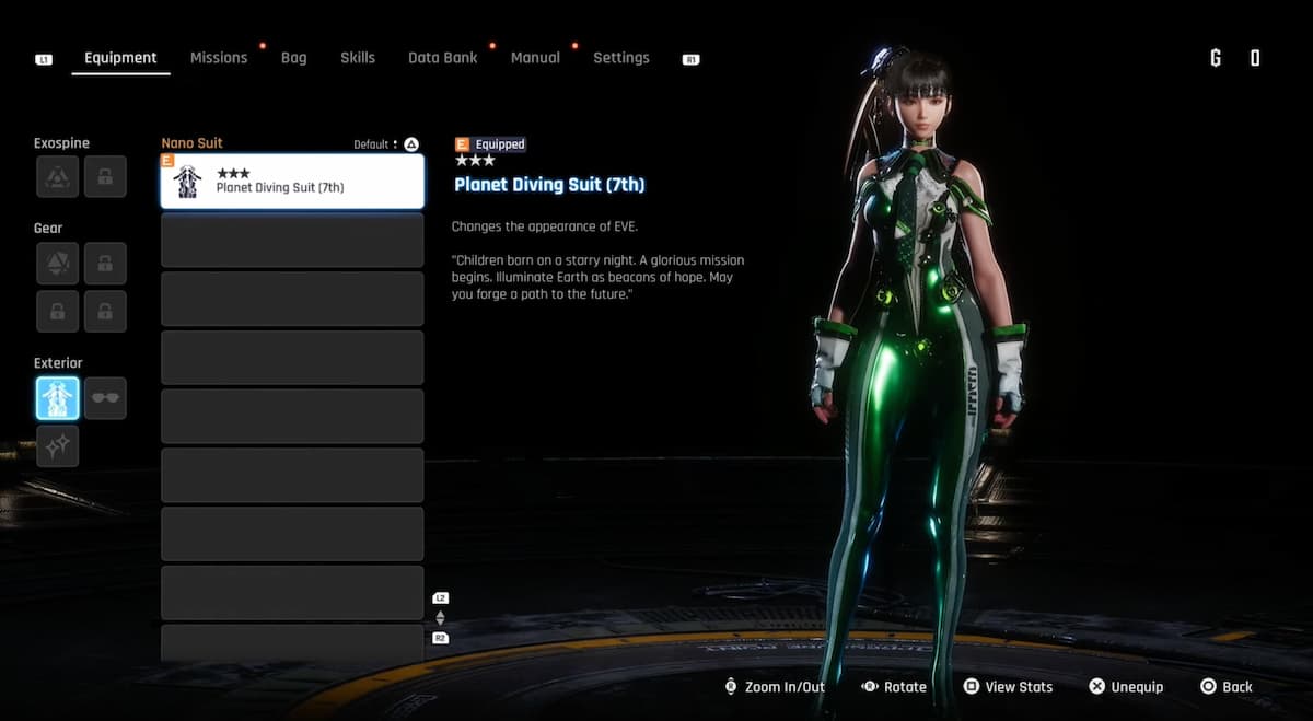 a screenshot of the nano suit options for eve in stellar blade