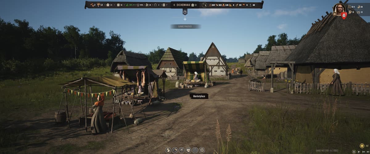 a screenshot of a marketplace in manor lords with food and fuel access