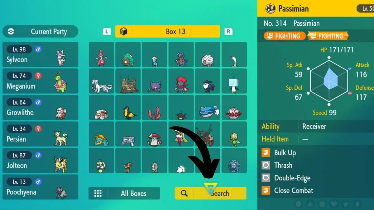 Screenshot of the Pokemon Box page in Pokemon Scarlet and Violet, with an arrow pointing to the "search" function