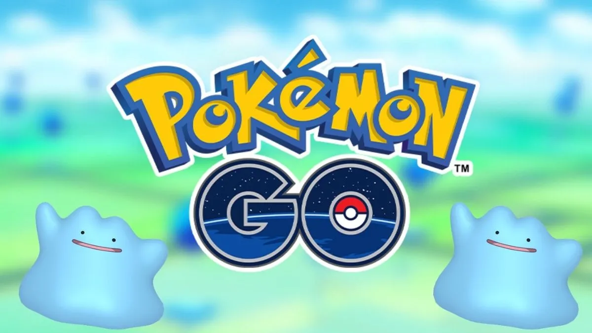 Image of the Pokemon GO logo imposed over the blurred out map, with two Shiny Ditto hanging out on either side