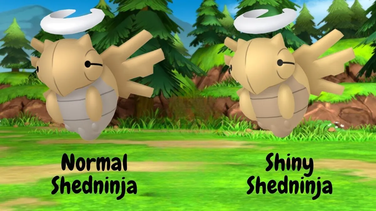 Image of a Normal and Shiny Shedninja side by side with a forest background