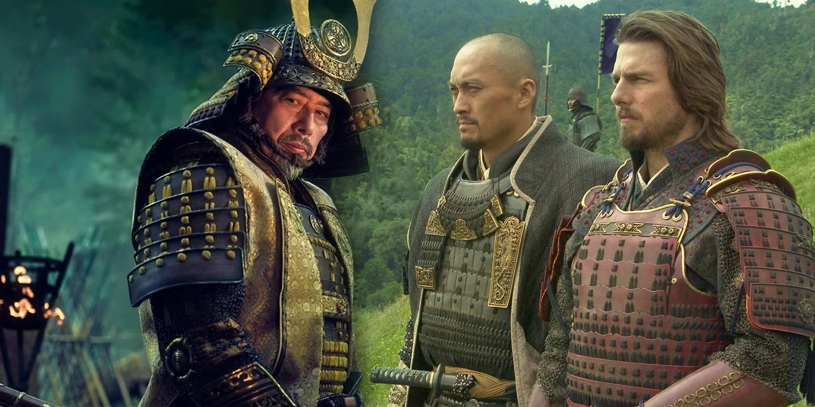 Key art for FX's Shogun combined with a still from The Last Samurai