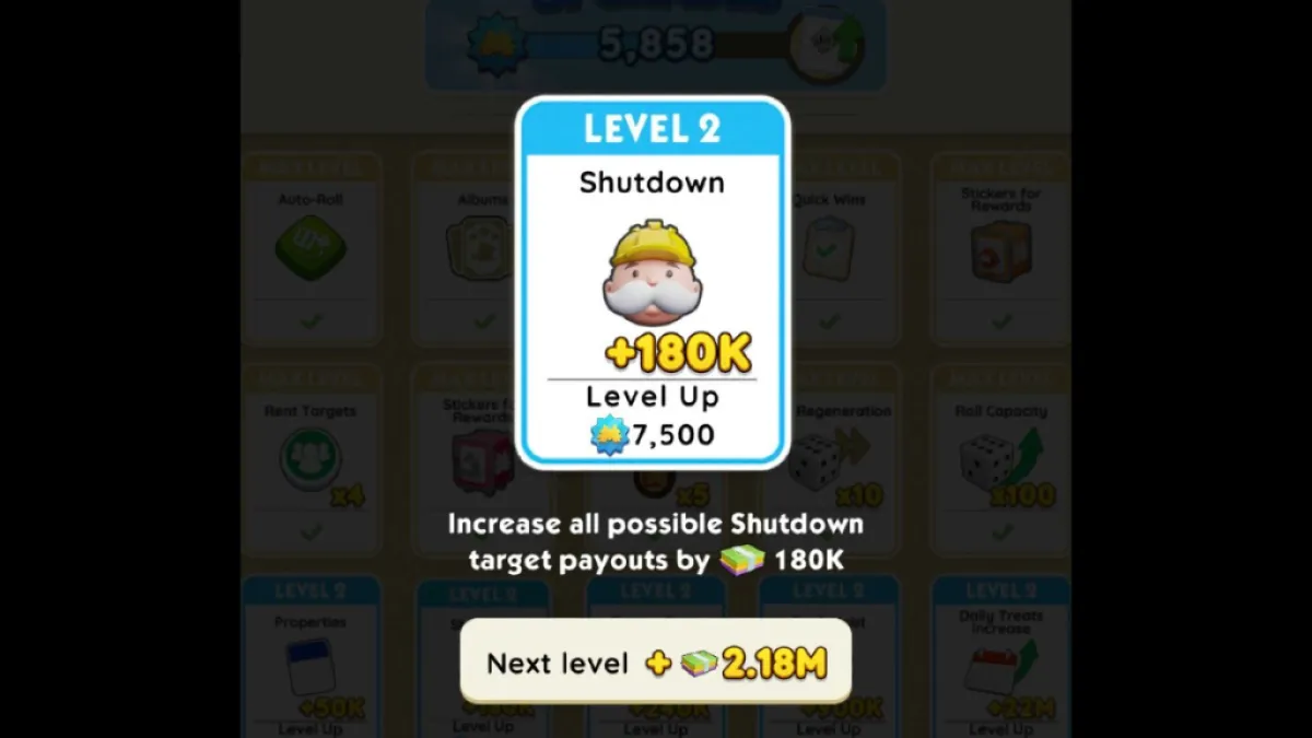Shut Down Ability Reward Level Net Worth Upgrades Monopoly GO