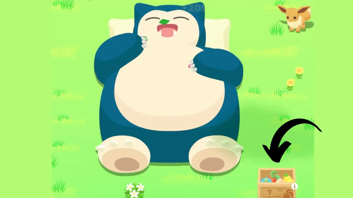 Screenshot of Snorlax Eating Berries in Pokemon Sleep, with an arrow pointing to the box where berries are stored