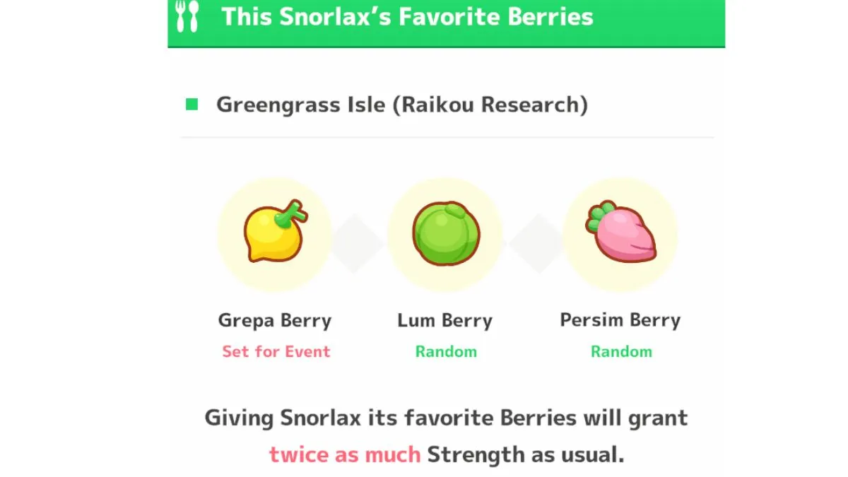 Screenshot from Pokemon Sleep, showing a list of Snorlax's favorite berries