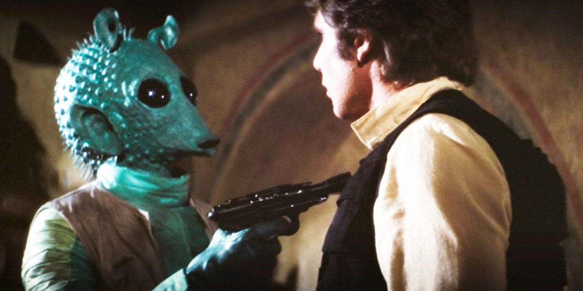 Greedo confronts Han Solo in Star Wars: A New Hope