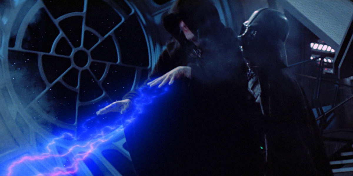 Darth Vader lifts Emperor Palpatine into the air in Star Wars: Return of the Jedi